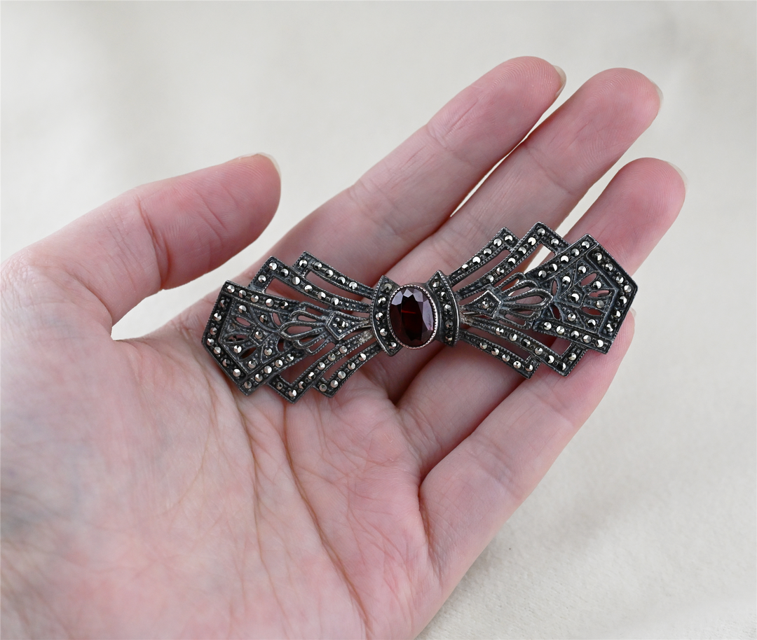 Sterling Silver Garnet Marcasite Pin