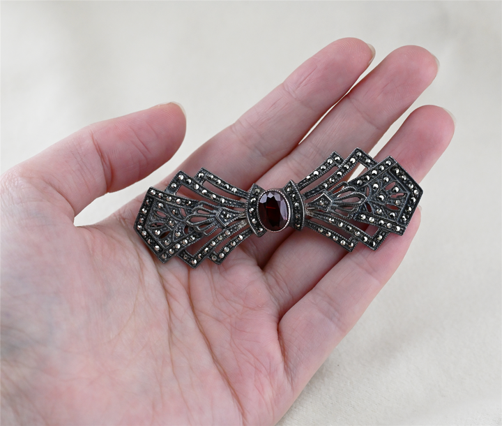 Sterling Silver Garnet Marcasite Pin