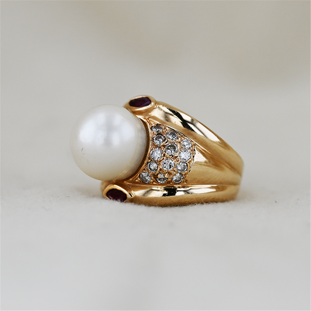 18K Yellow Gold Pearl, Ruby, and 0.80ctw Diamond Estate Ring