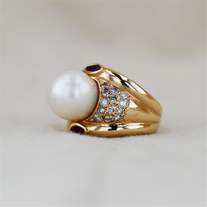 18K Yellow Gold Pearl, Ruby, and 0.80ctw Diamond Estate Ring