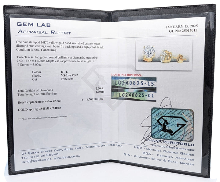 14KT Yellow Gold 3.00ctw Lab Grown Diamond Stud Earrings