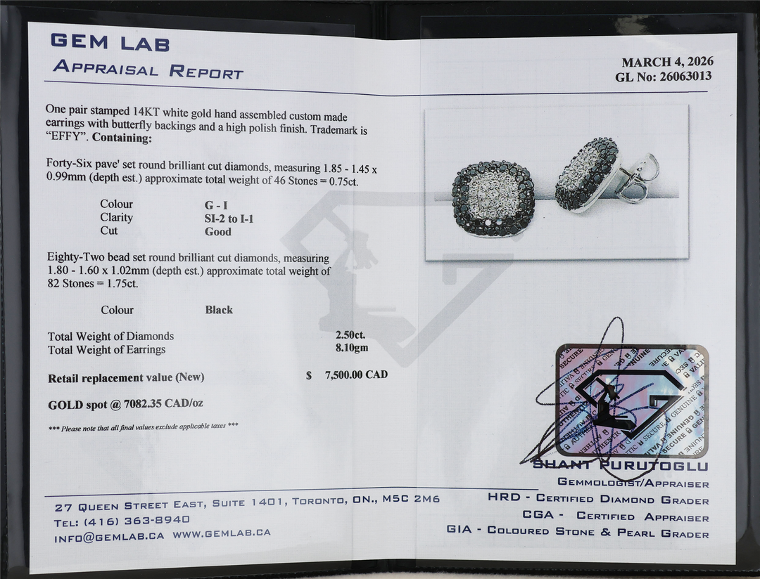 14K White Gold 2.50ctw Black & White Diamond EFFY Earrings