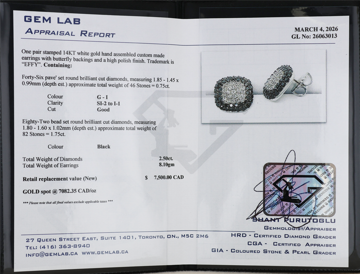 14K White Gold 2.50ctw Black & White Diamond EFFY Earrings