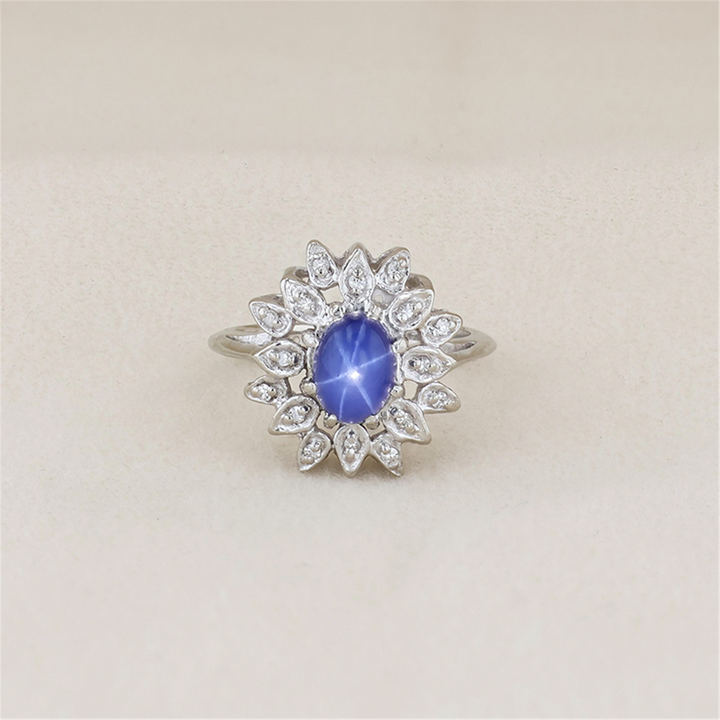 14K White Gold Synthetic Star Sapphire Natural Diamond Estate Ring