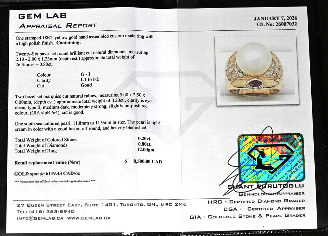 18K Yellow Gold Pearl, Ruby, and 0.80ctw Diamond Estate Ring