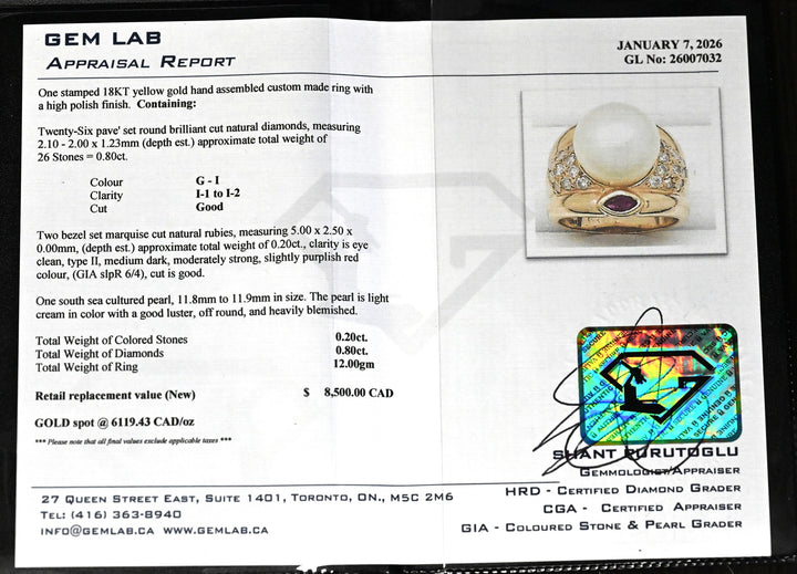 18K Yellow Gold Pearl, Ruby, and 0.80ctw Diamond Estate Ring