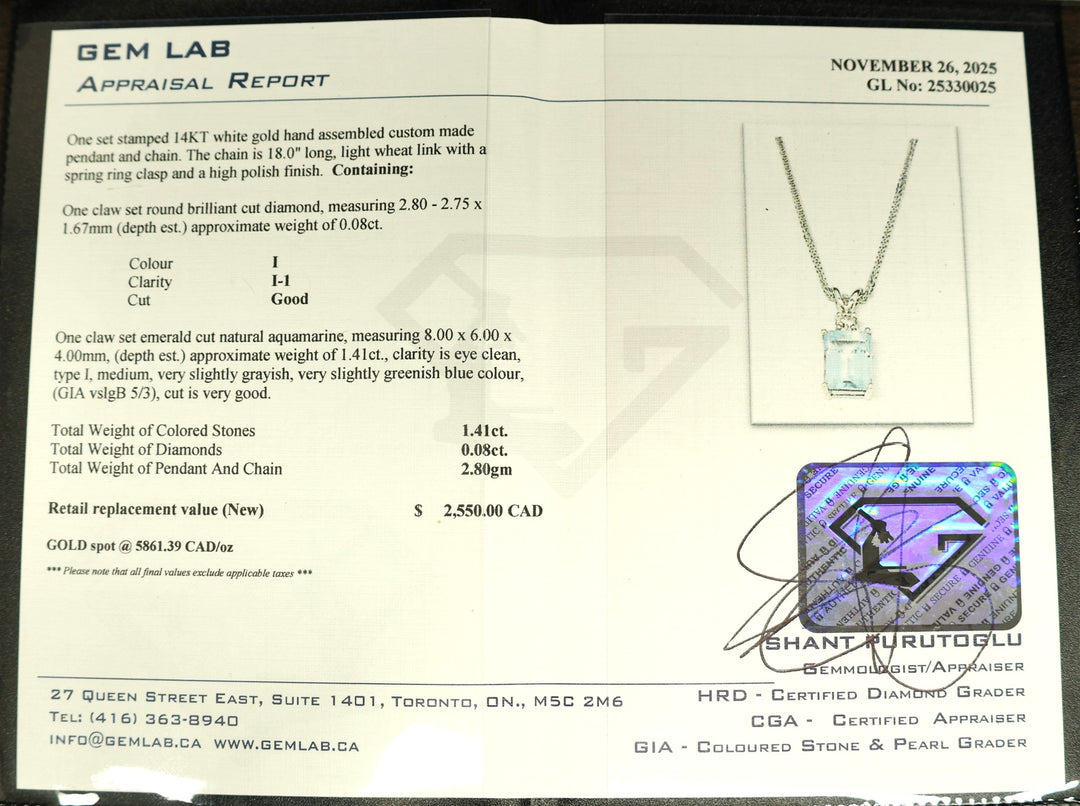 14KT White Gold Aquamarine 0.08ctw Diamond 18" Estate Necklace