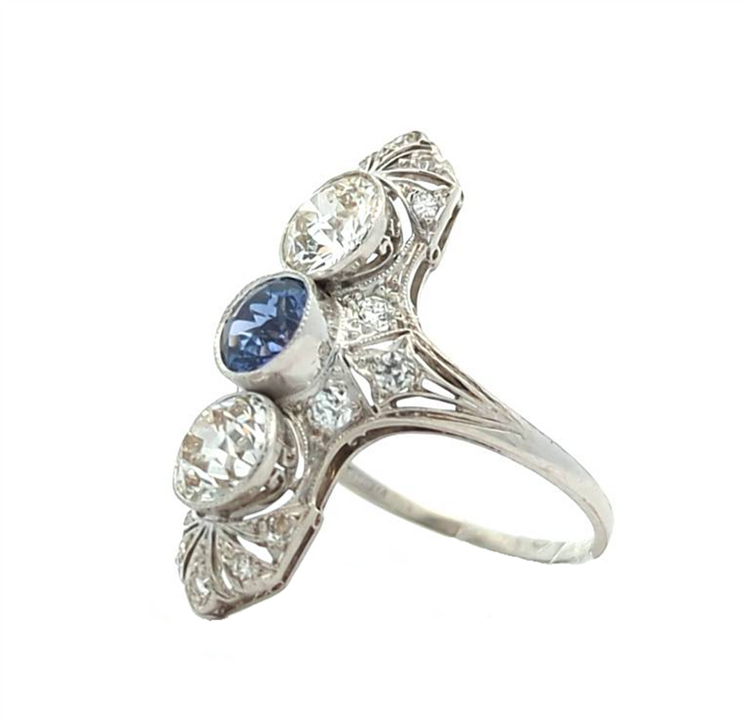 Platinum Natural Blue Sapphire and 2.47ctw Diamond Vintage Estate Cocktail Ring