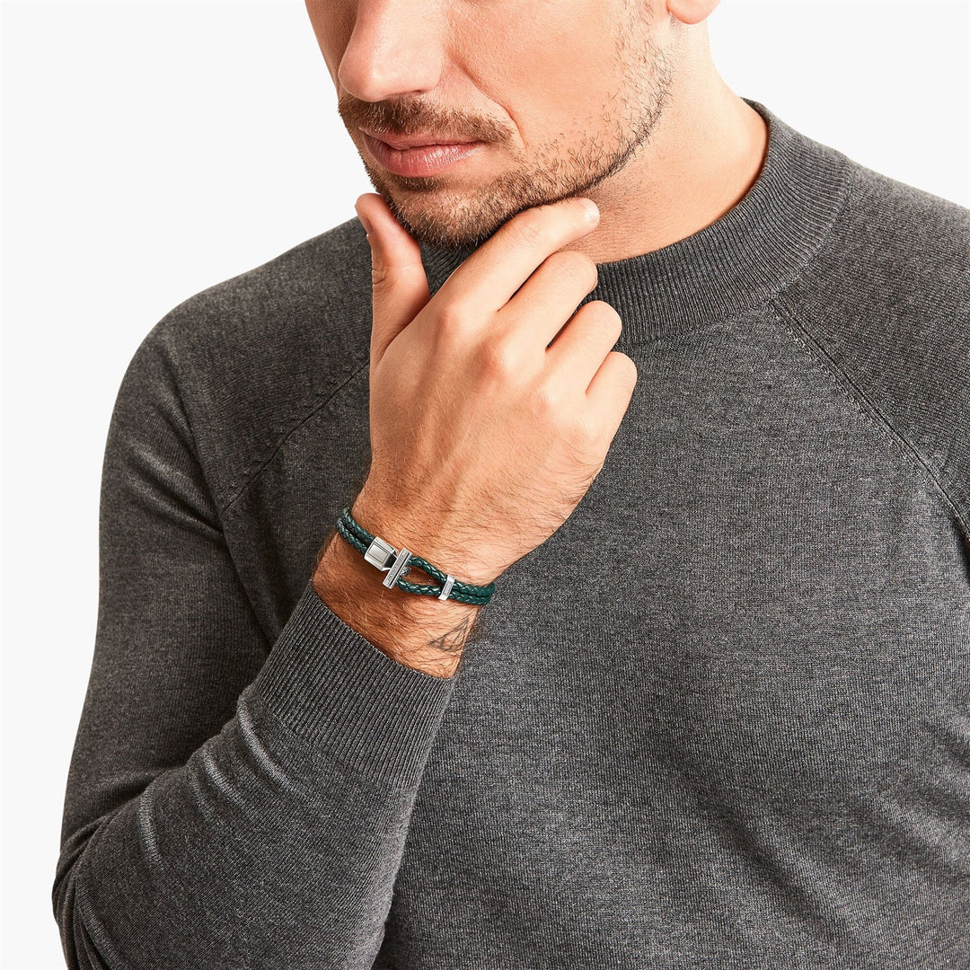 THOMAS SABO Silver double bracelet with braided green leather