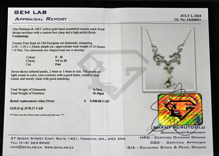 Platinum and 14KT Yellow Gold Akoya Pearl and 0.76ctw Diamond Estate Floral Necklace