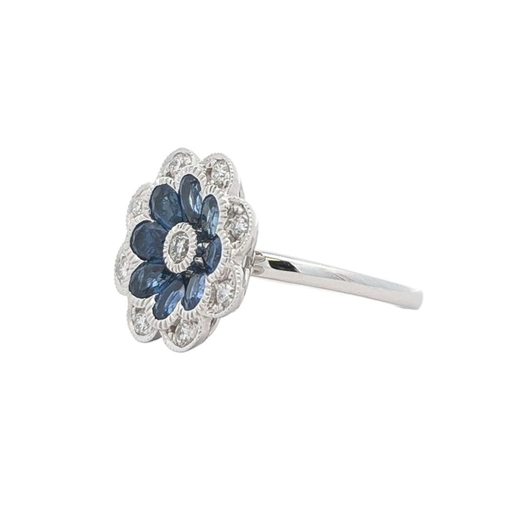 18KT White Gold Sapphire and 0.28ctw Diamond Estate Flower Ring