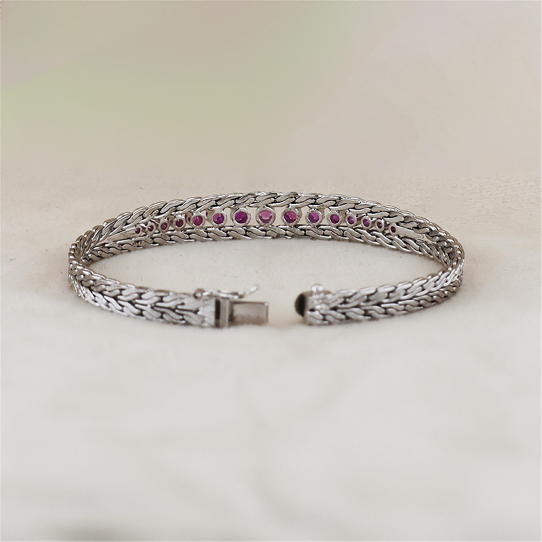 Sterling Silver Ladies Woven Pink Sapphire Bracelet