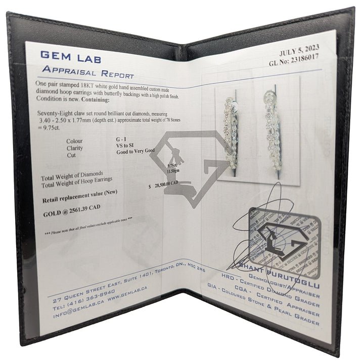 18KT White Gold 9.75ctw Diamond Estate Hoop Earrings