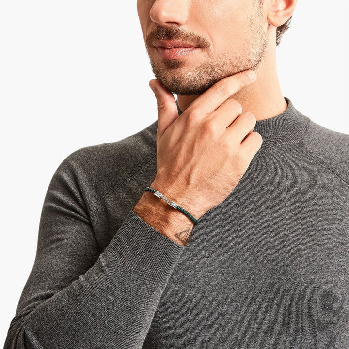 THOMAS SABO Silver bracelet with braided, green leather.