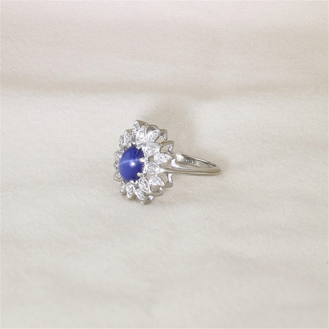 14K White Gold Synthetic Star Sapphire Natural Diamond Estate Ring