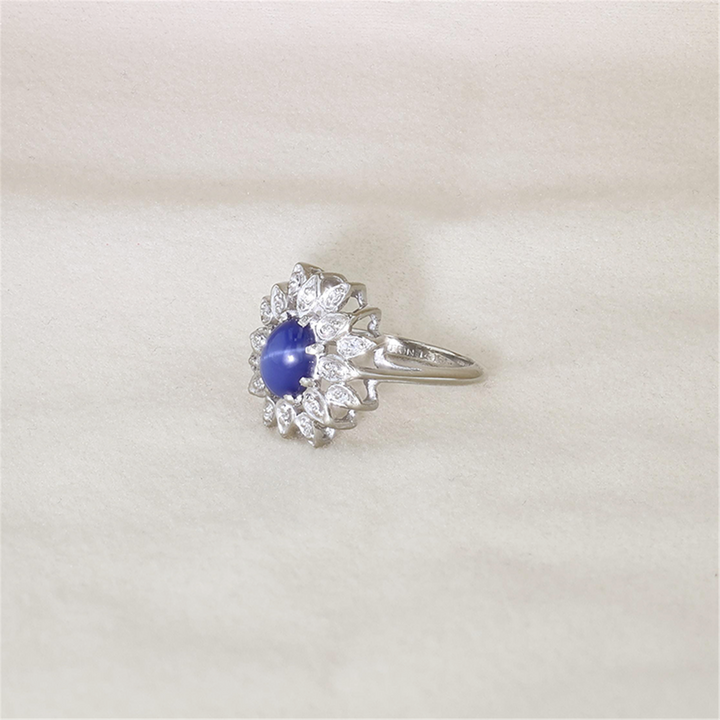 14K White Gold Synthetic Star Sapphire Natural Diamond Estate Ring