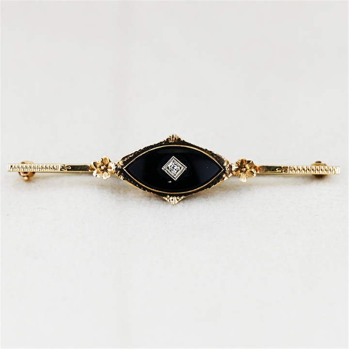 10K Yellow Gold Onyx Diamond Brooch