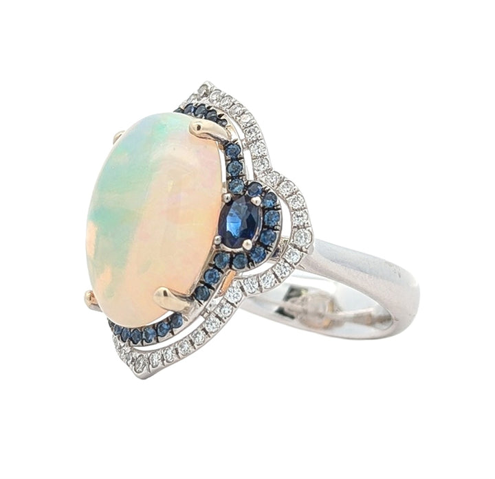 14KT White Gold Natural Blue Sapphire, Opal and 0.20ctw Diamond Estate Ring