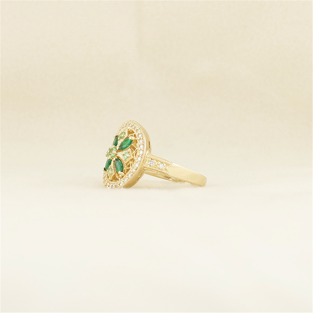 14K Yellow Gold Emerald, Peridot, & Diamond Ring