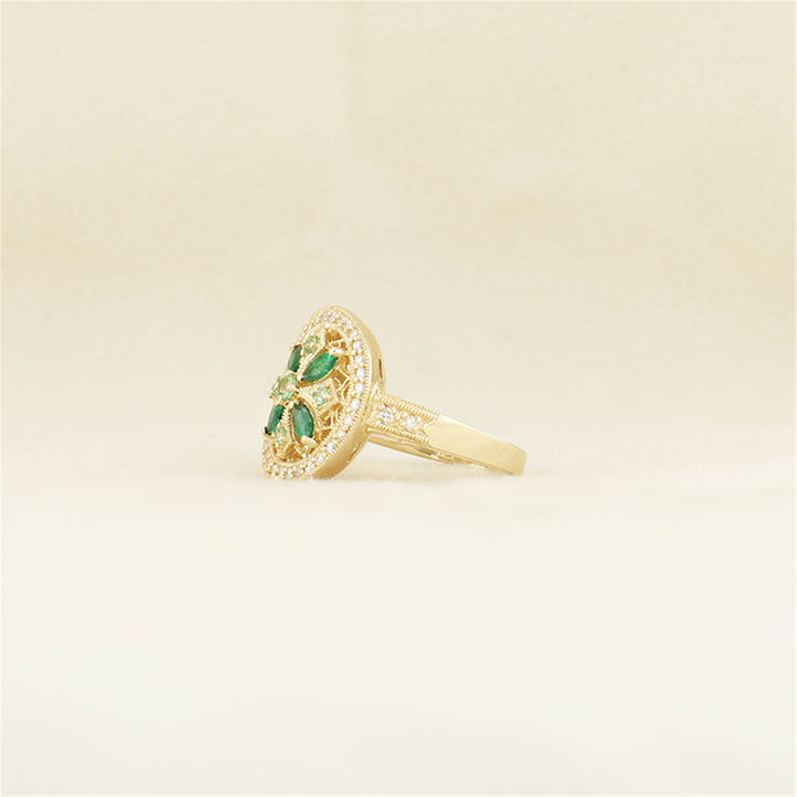14K Yellow Gold Emerald, Peridot, & Diamond Ring