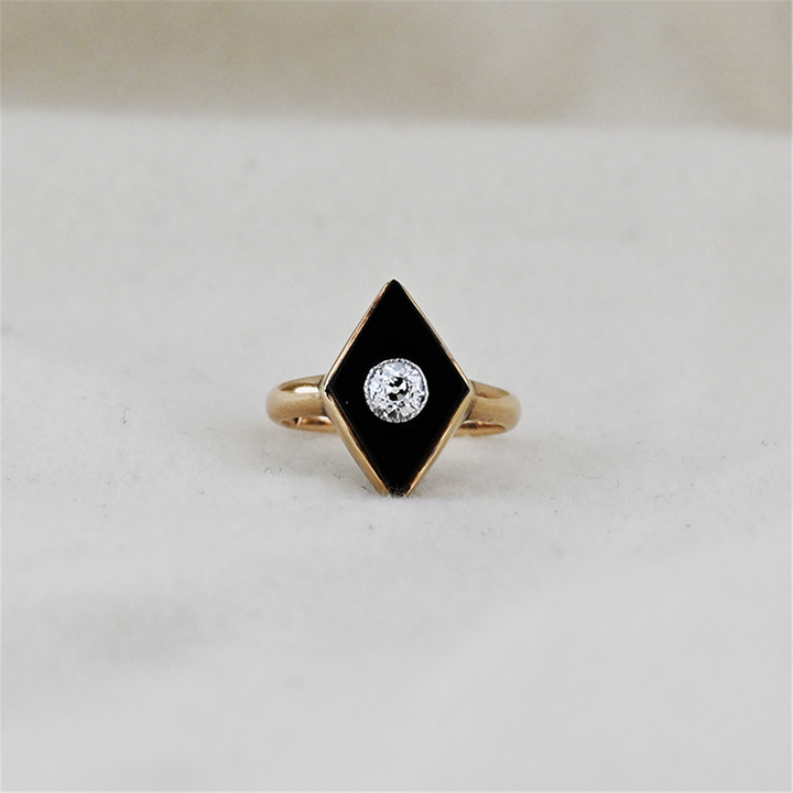 14K Yellow Gold Onyx Diamond Handmade 1920s Ring