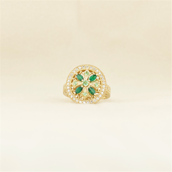 14K Yellow Gold Emerald, Peridot, & Diamond Ring