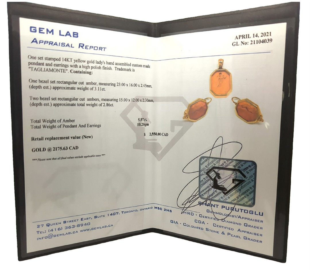 14KT Yellow Gold Amber Pendant and Earrings Estate Set