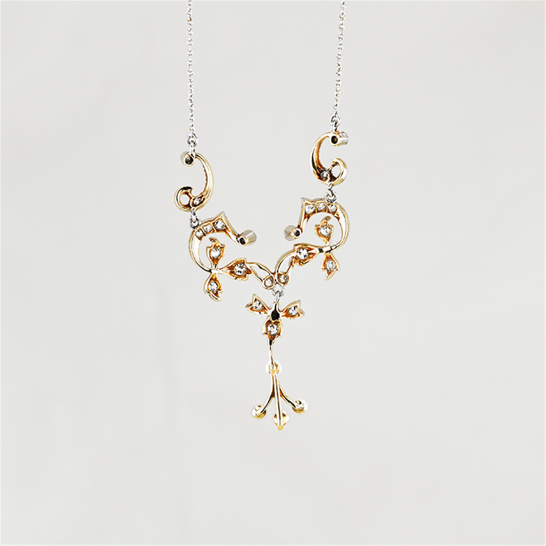 Platinum and 14KT Yellow Gold Akoya Pearl and 0.76ctw Diamond Estate Floral Necklace