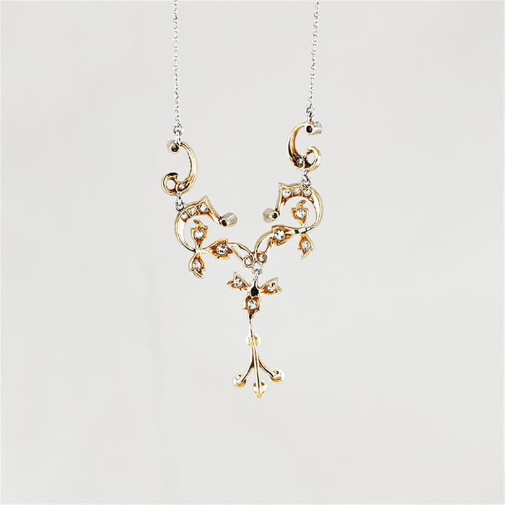 Platinum and 14KT Yellow Gold Akoya Pearl and 0.76ctw Diamond Estate Floral Necklace