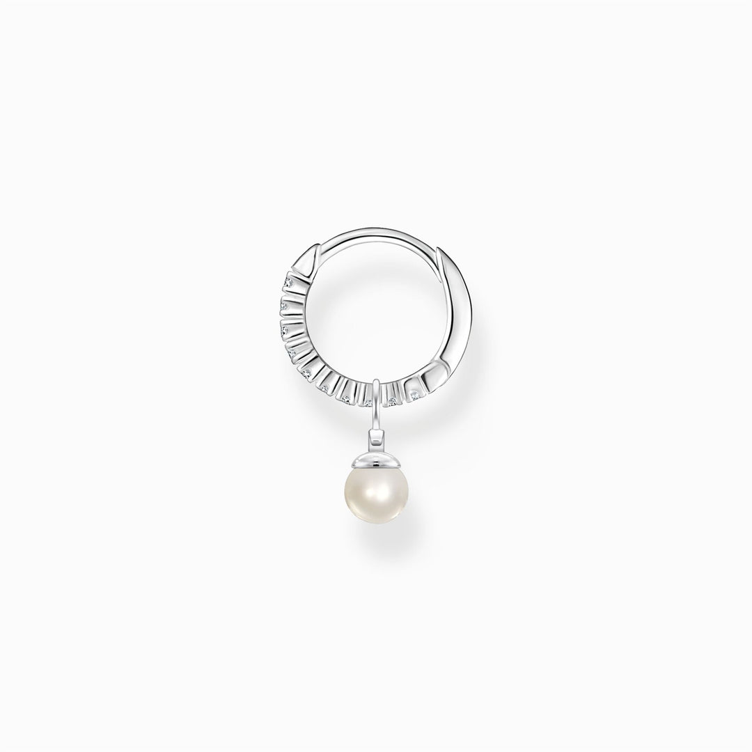 Single Hoop Earring with Pearl Pendant, Silver