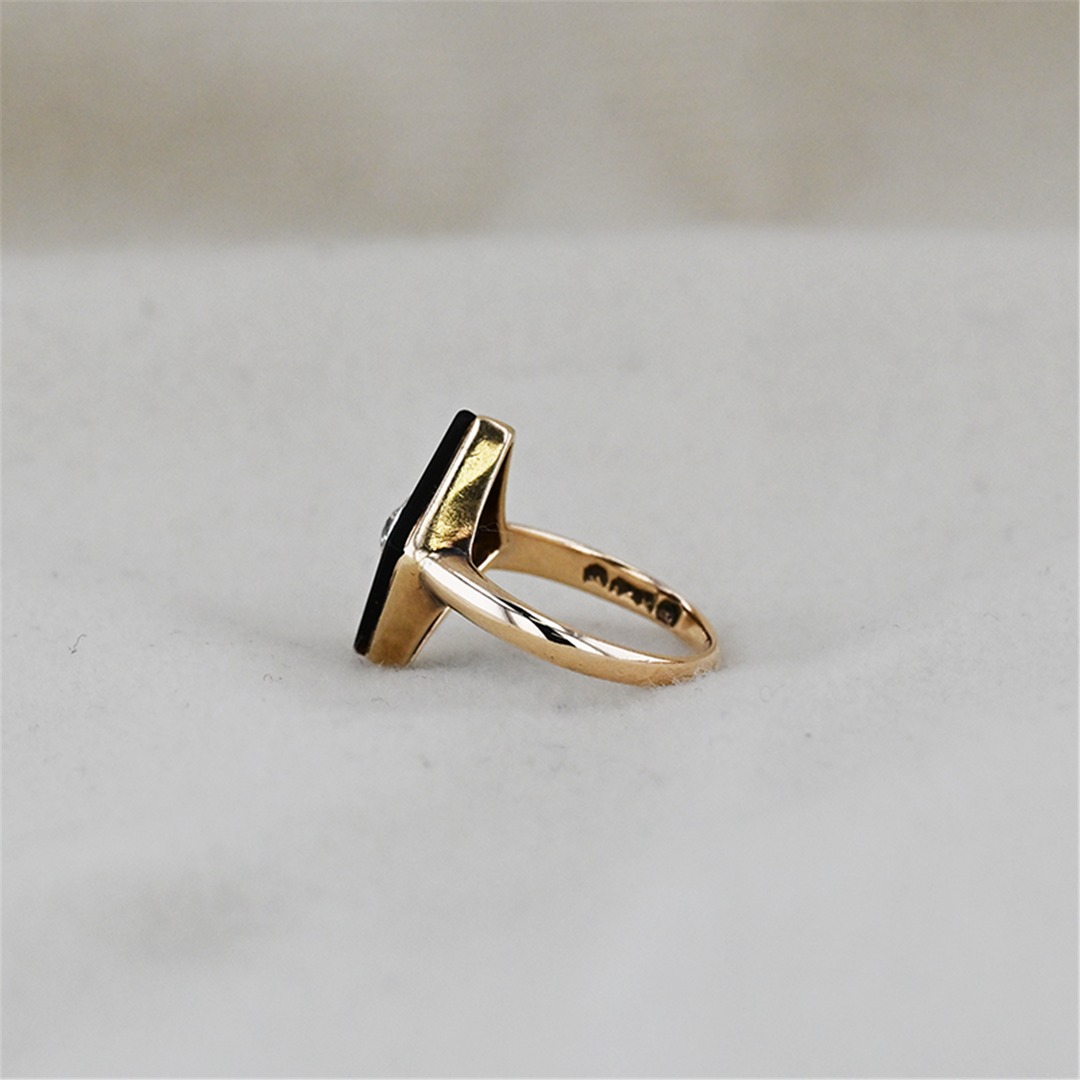 14K Yellow Gold Onyx Diamond Handmade 1920s Ring