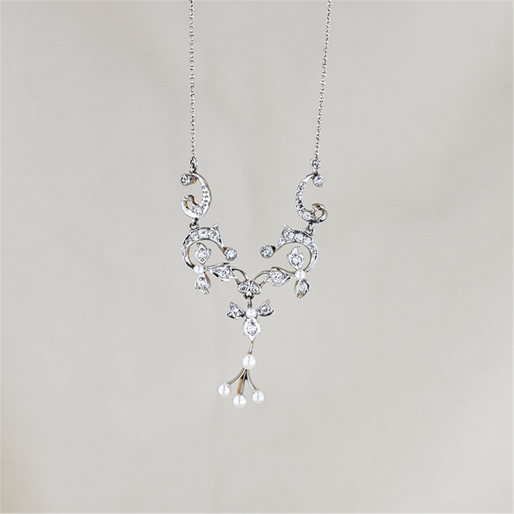 Platinum and 14KT Yellow Gold Akoya Pearl and 0.76ctw Diamond Estate Floral Necklace