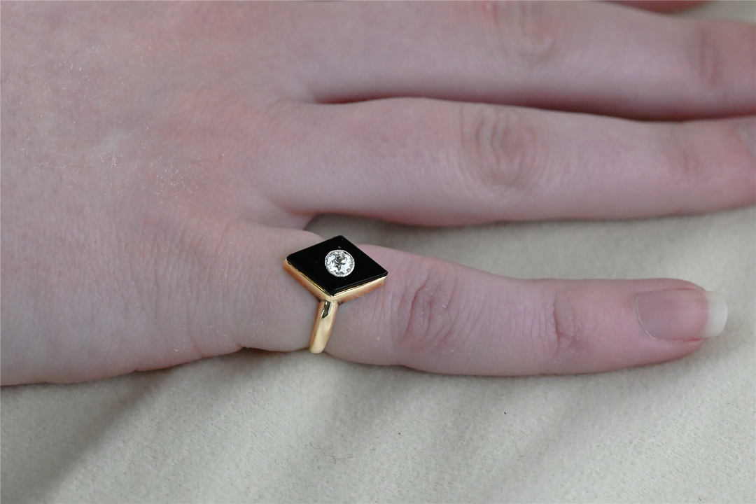 14K Yellow Gold Onyx Diamond Handmade 1920s Ring
