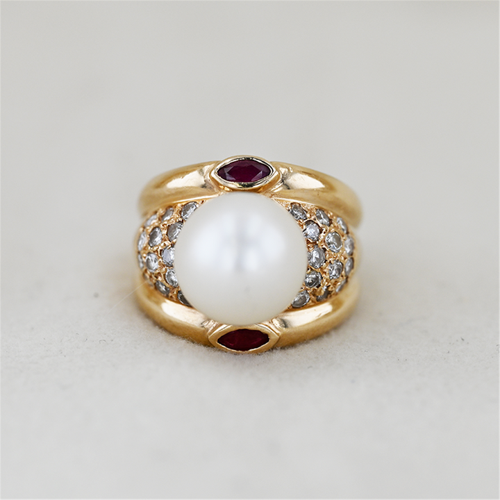 18K Yellow Gold Pearl, Ruby, and 0.80ctw Diamond Estate Ring