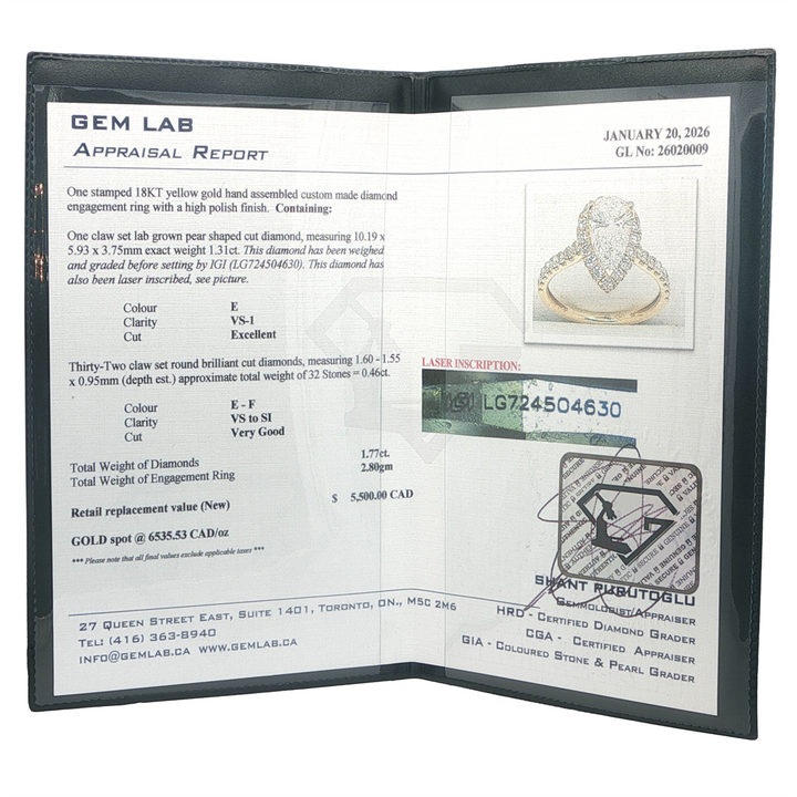 18KT Yellow Gold 1.77ctw Pear Shape Lab Grown Diamond Engagement Ring