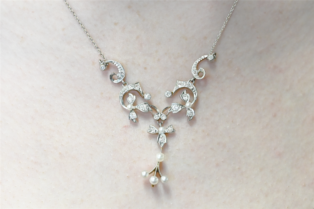 Platinum and 14KT Yellow Gold Akoya Pearl and 0.76ctw Diamond Estate Floral Necklace