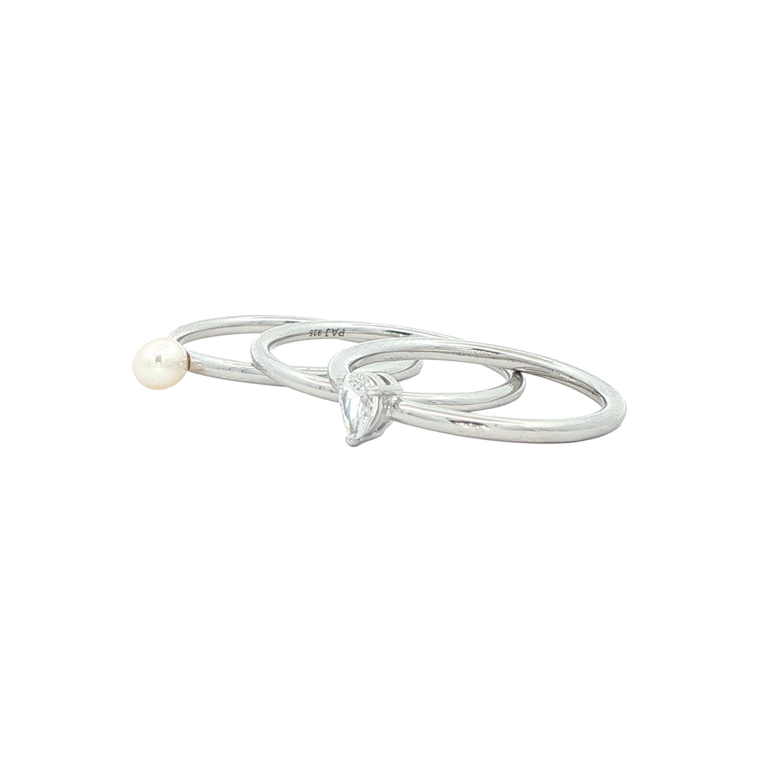 REIGN Sterling Silver CZ Pearl 3 Ring Set