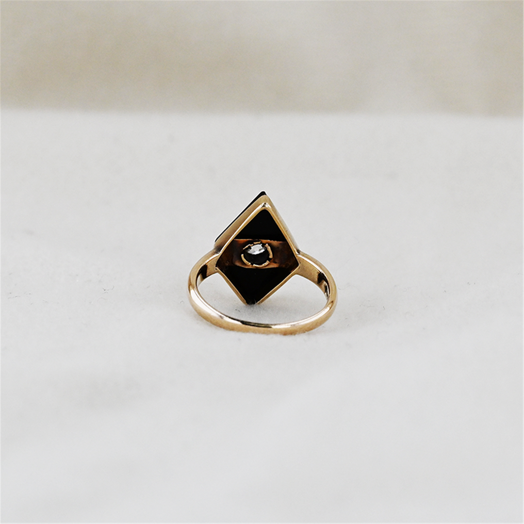 14K Yellow Gold Onyx Diamond Handmade 1920s Ring