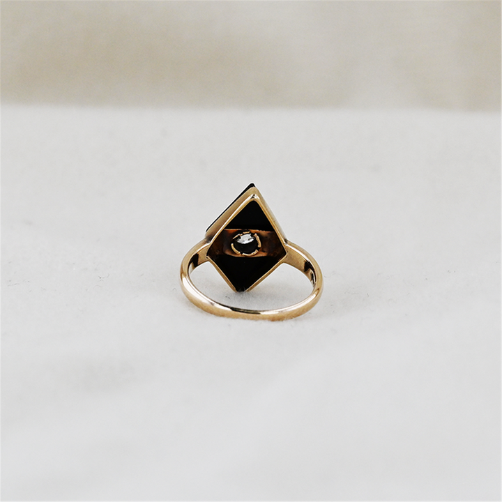 14K Yellow Gold Onyx Diamond Handmade 1920s Ring
