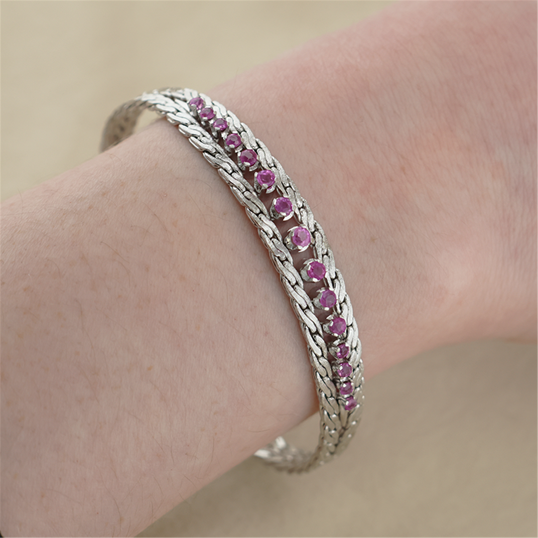 Sterling Silver Ladies Woven Pink Sapphire Bracelet