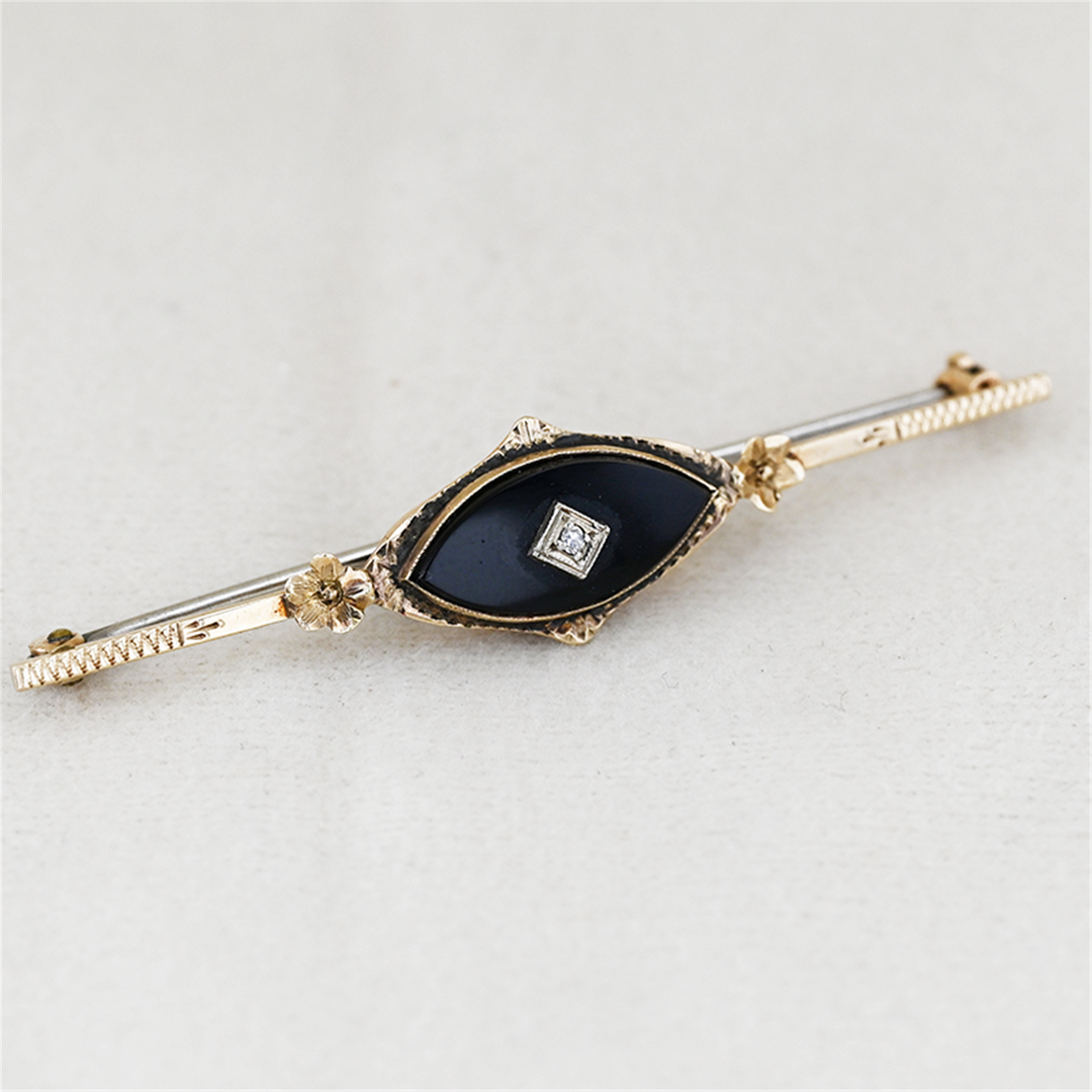 10K Yellow Gold Onyx Diamond Brooch