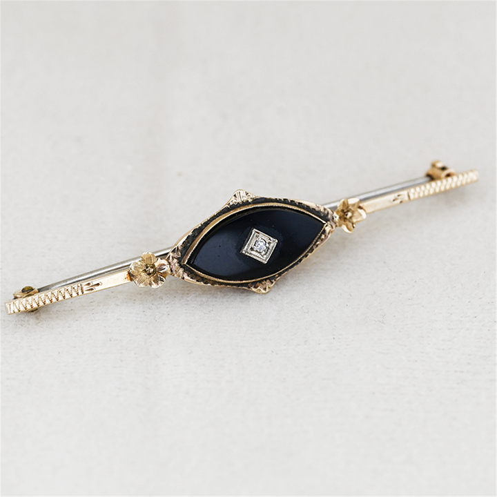 10K Yellow Gold Onyx Diamond Brooch