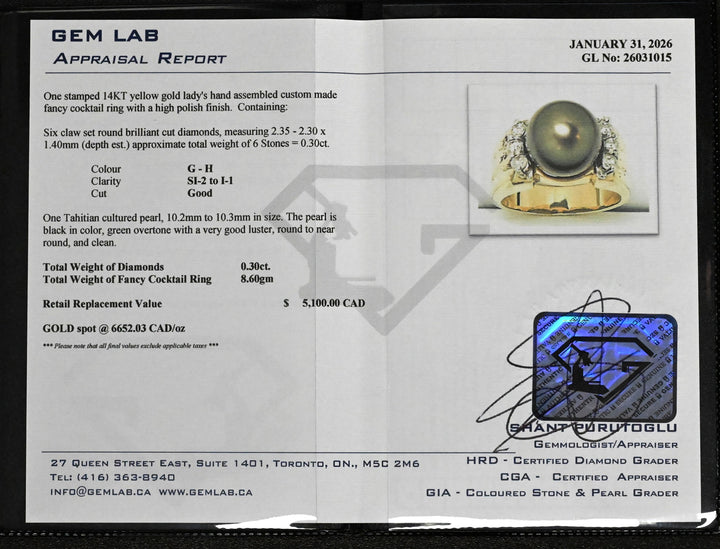 14K Yellow Gold 0.30ctw Diamond Tahitian Pearl Estate Ring