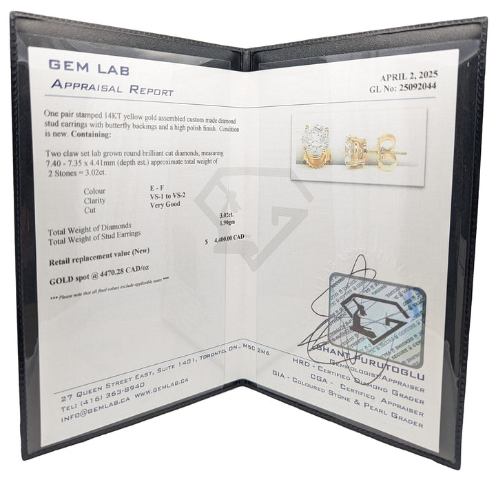 14KT Yellow Gold 3.02ctw Lab Grown Diamond Stud Earrings