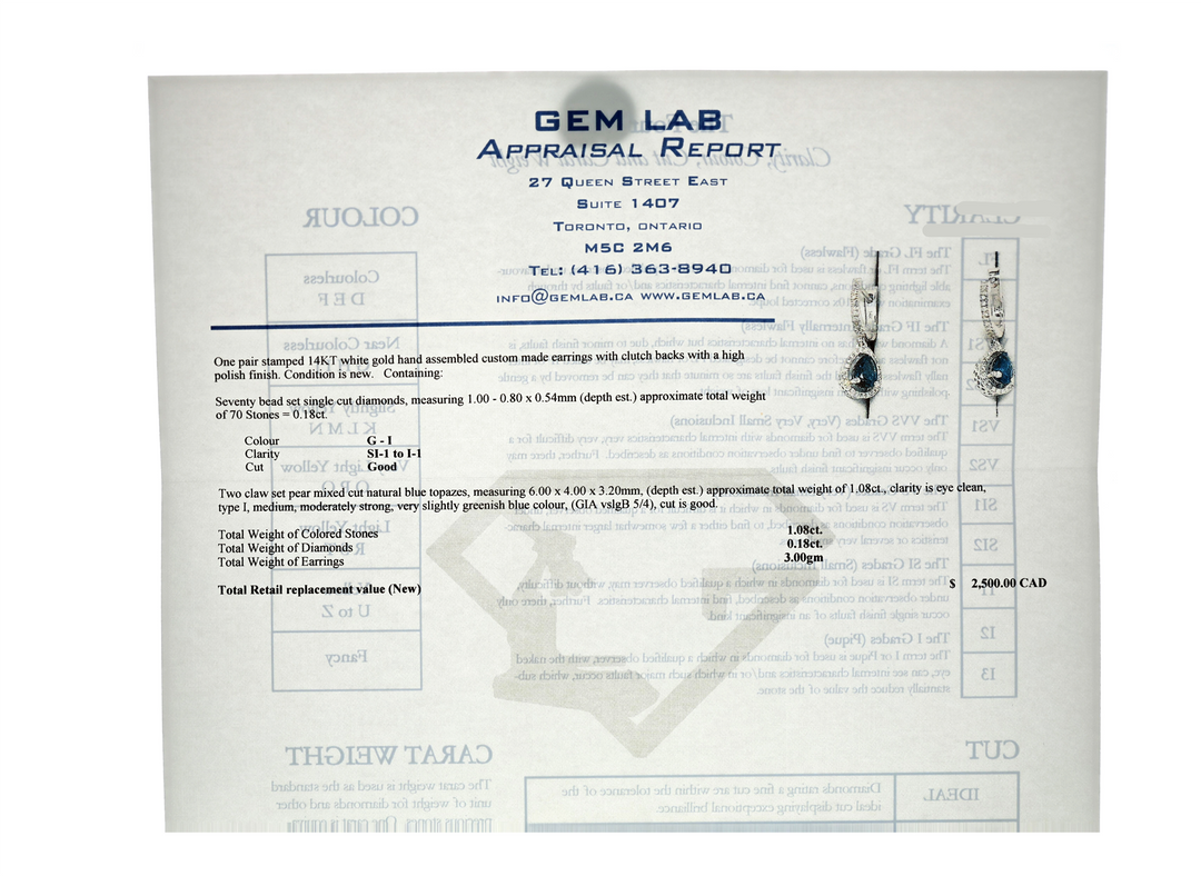 14KT White Gold Natural Blue Topaz and 0.18ctw Diamond Estate Drop Earrings