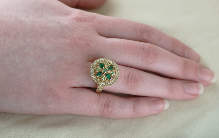 14K Yellow Gold Emerald, Peridot, & Diamond Ring