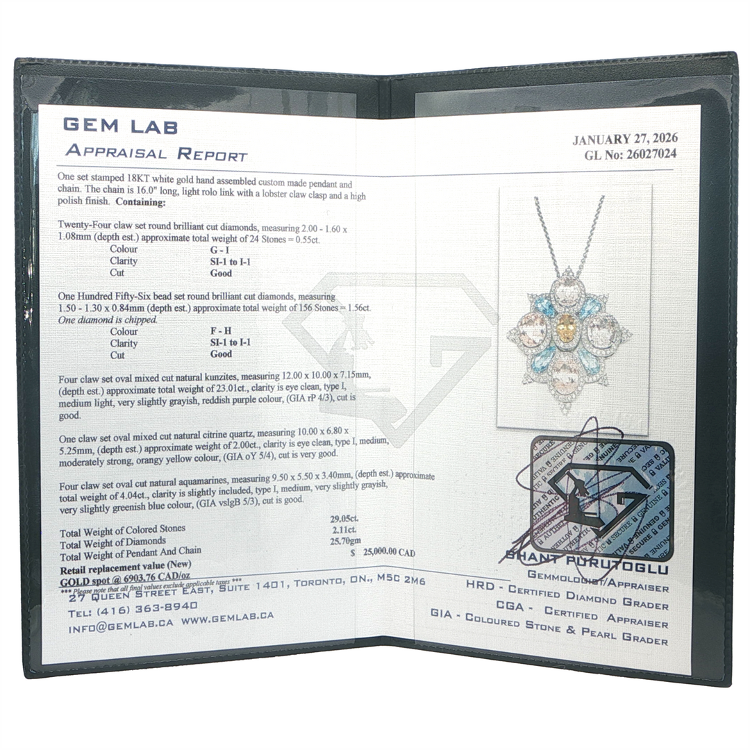 18KT White Gold Diamond, Kunzite, Citrine Aquamarine Necklace