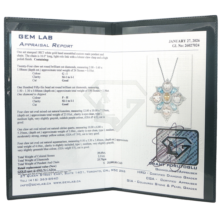 18KT White Gold Diamond, Kunzite, Citrine Aquamarine Necklace