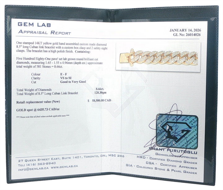 14K Yellow Gold 8.66ctw Lab Grown Diamond 8.5" Curb Bracelet