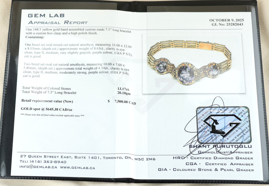 14KT Yellow Gold Amethyst 7.5" Estate Bracelet